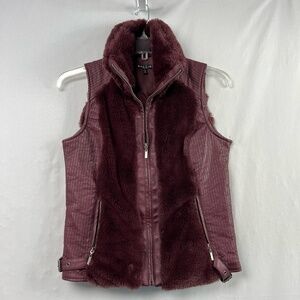 BACCINI Vest Women Small Burgundy Faux Leather Fur Quilted Zip Pockets Burgundy